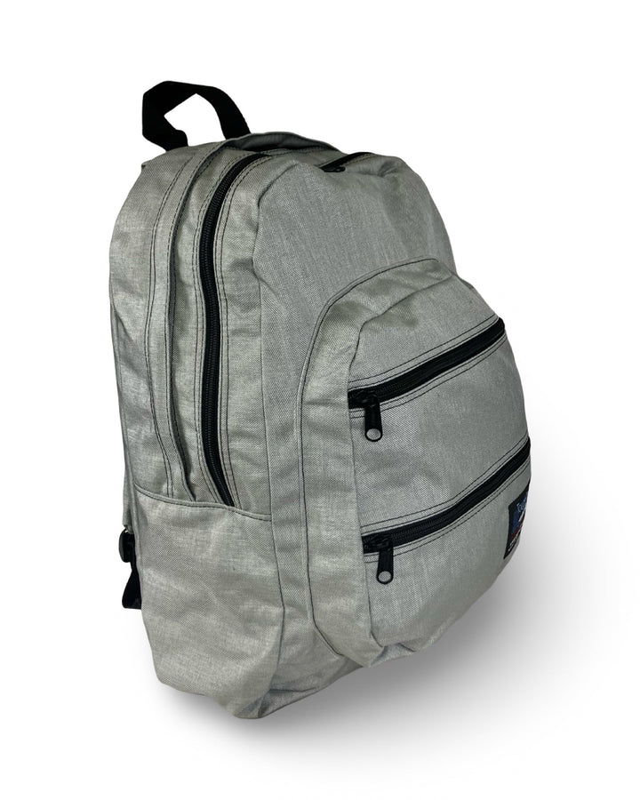 Made in USA, grey large backpack with zippered front pockets and top carry handle