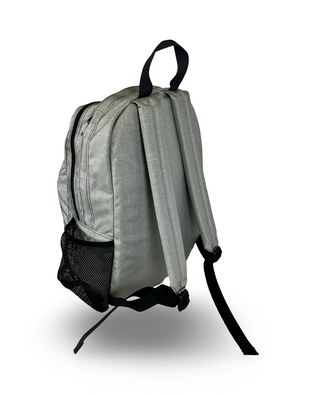 Made in USA, side view of grey backpack with padded shoulder straps and black mesh bottle pocket
