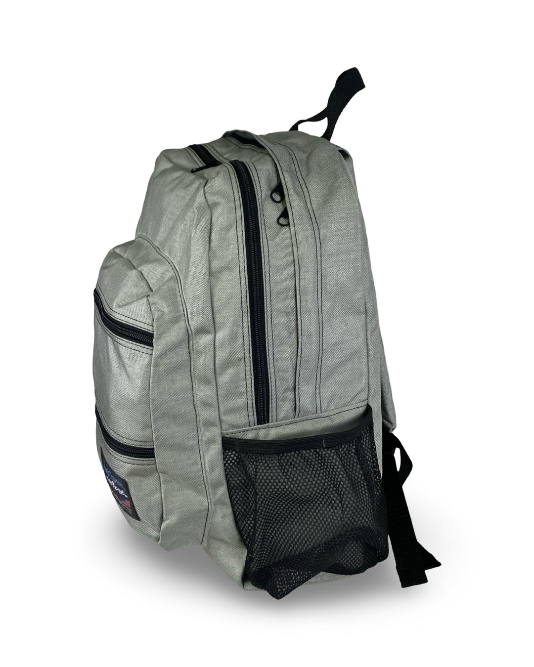 Made in USA, grey backpack side view with black mesh bottle pocket and front pocket