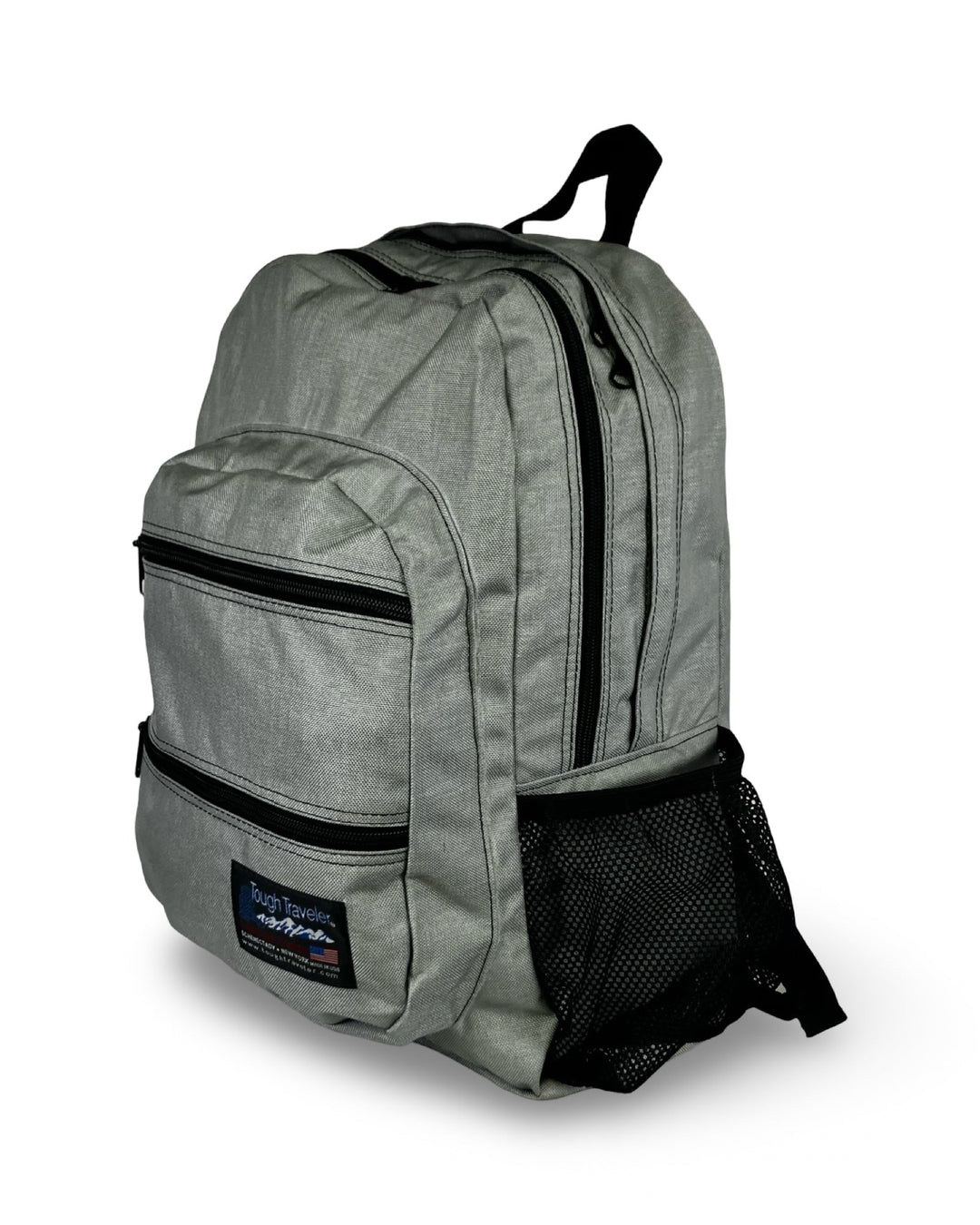 Made in USA, grey large backpack with two front zip pockets and black mesh side pocket