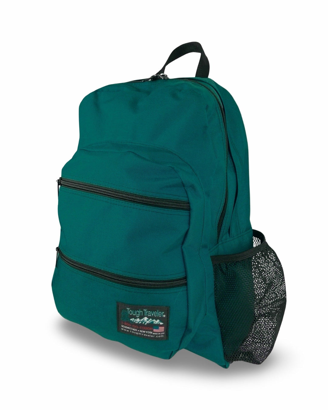 Made in USA, teal large backpack with two zippered front pockets and black mesh bottle pocket