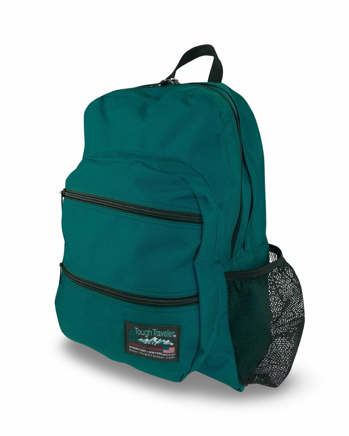 Made in USA, teal large backpack with two zippered front pockets and black mesh bottle pocket