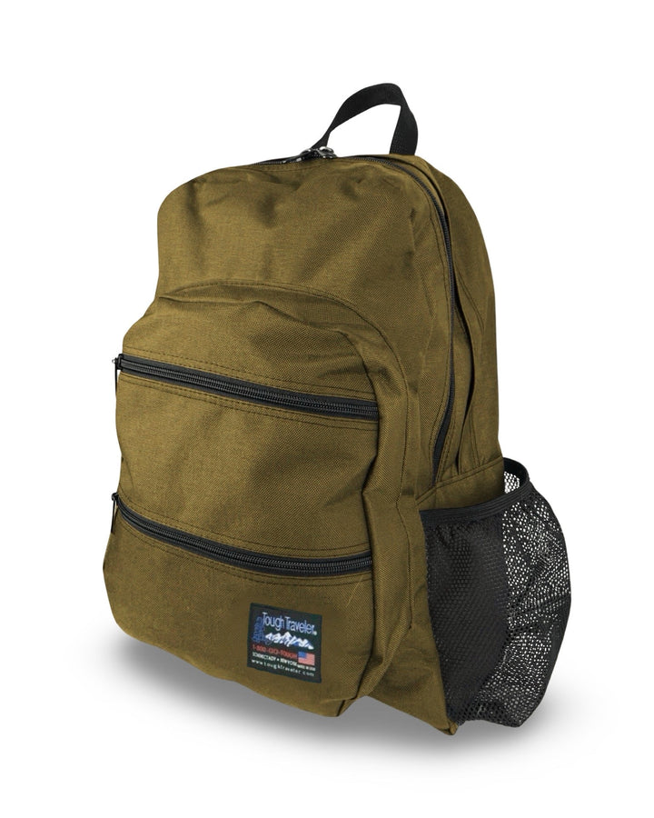 Made in USA, khaki large backpack with two zippered front pockets and mesh side bottle pocket