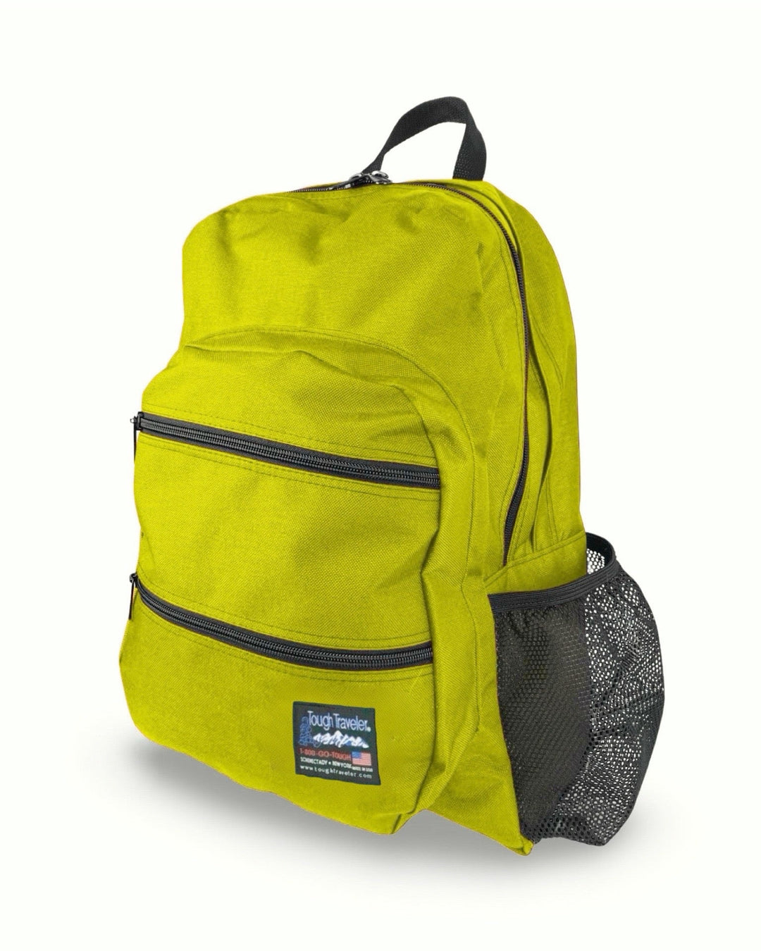 Made in USA, yellow large backpack with two zippered front pockets and mesh side pocket