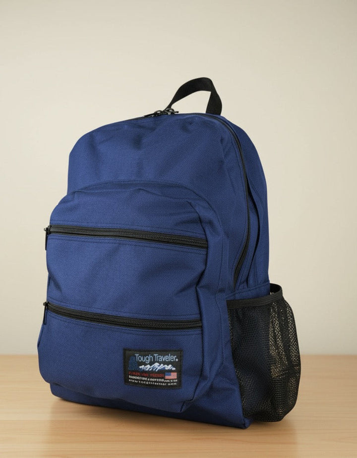 Made in USA, navy large backpack with two zippered front pockets and mesh side bottle pocket