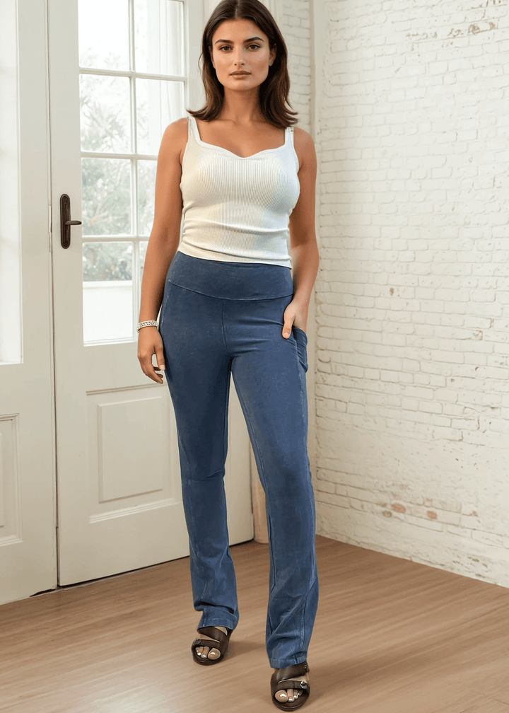 Made in USA Women's Perfect Fit Tummy Control High Rise Wide Waistband Cotton Spandex Mineral Washed Bootcut Leggings with Large Side Pockets in Light Denim | Classy Cozy Cool Made in America Boutique