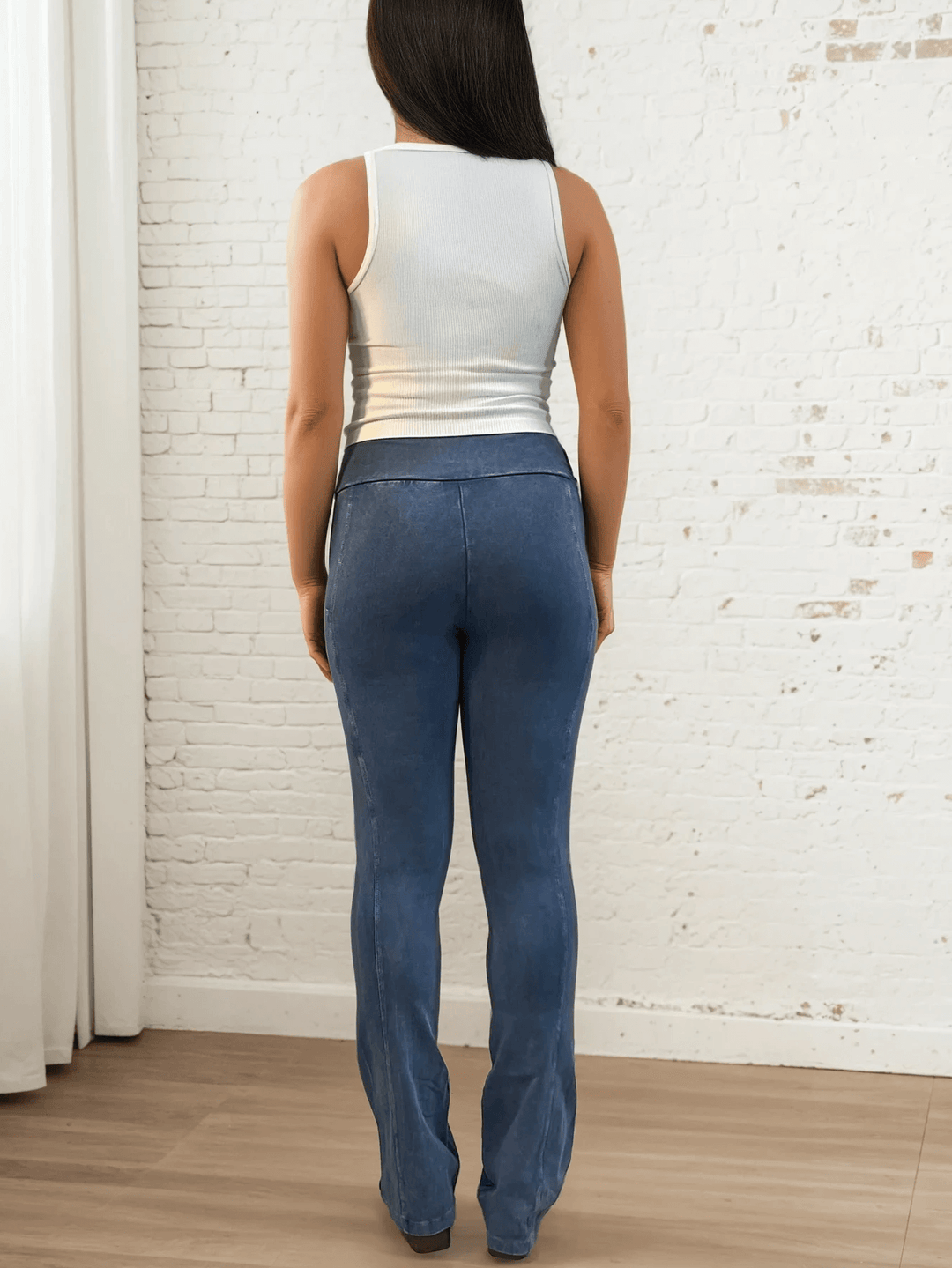 Made in USA Women's Perfect Fit Tummy Control High Rise Wide Waistband Cotton Spandex Mineral Washed Bootcut Leggings with Large Side Pockets in Light Denim | Classy Cozy Cool Made in America Boutique