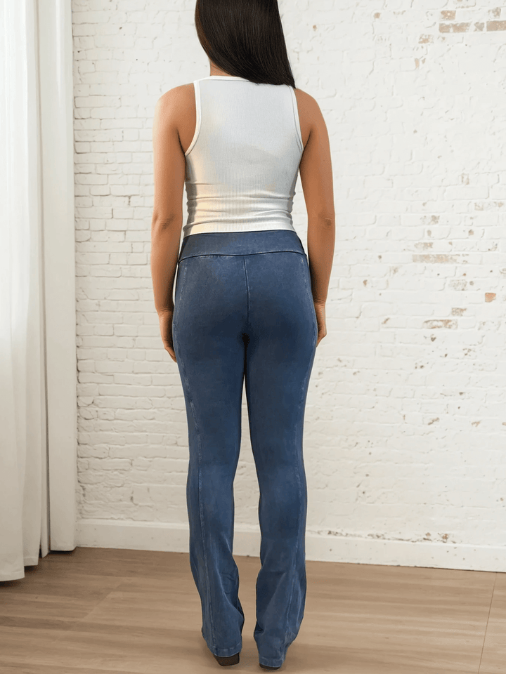 Made in USA Women's Perfect Fit Tummy Control High Rise Wide Waistband Cotton Spandex Mineral Washed Bootcut Leggings with Large Side Pockets in Light Denim | Classy Cozy Cool Made in America Boutique