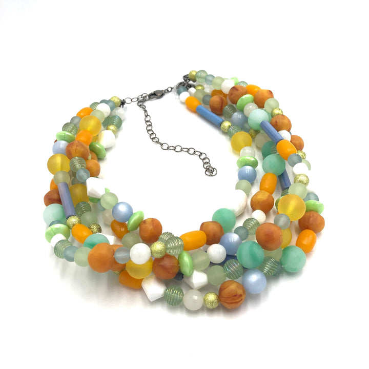 Mixed mid-century vintage bead necklace in pastels &amp; gold. Hand-finished in the USA, 15.5-16" + 6" extender. Sustainable vintage deadstock. by  Leetie Lovendale