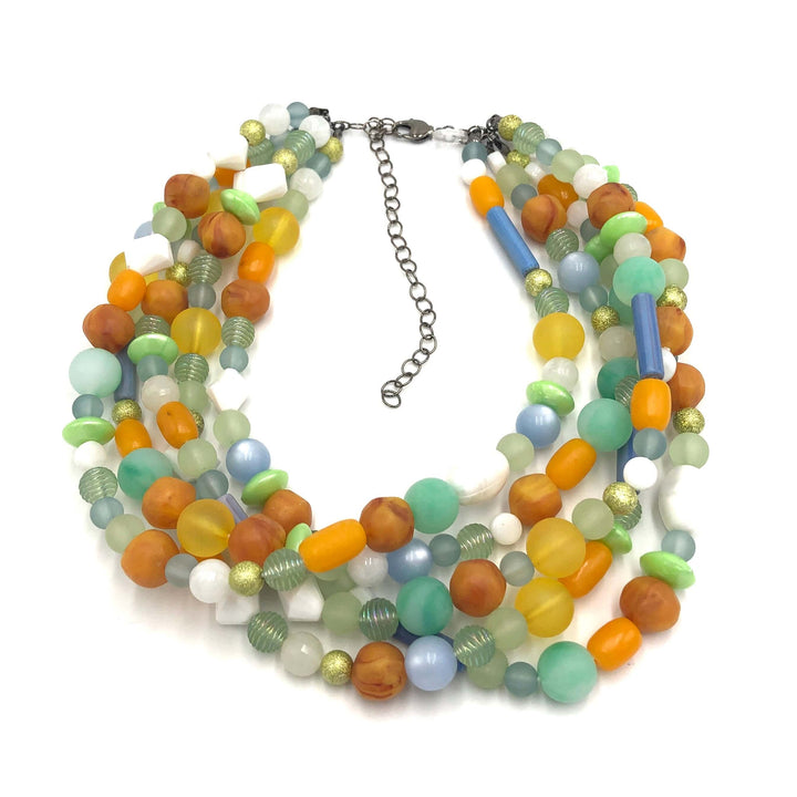 Mixed mid-century vintage bead necklace in pastels &amp; gold. Hand-finished in the USA, 15.5-16" + 6" extender. Sustainable vintage deadstock. by  Leetie Lovendale