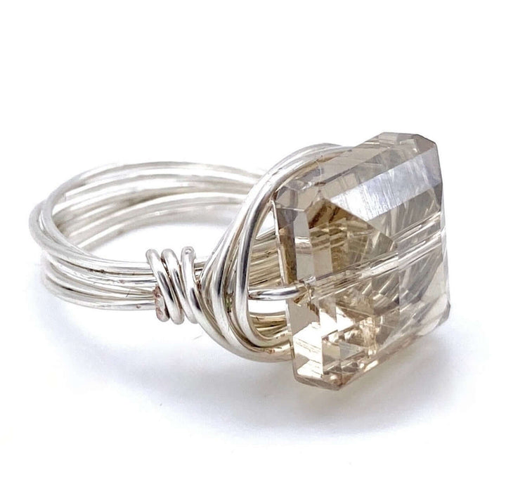Hand Made in USA Women's Champagne Crystal Silver Wire Wrap Ring Faceted to Pick Up Light in All Directions | Classy Cozy Cool Women's Made in America Boutique