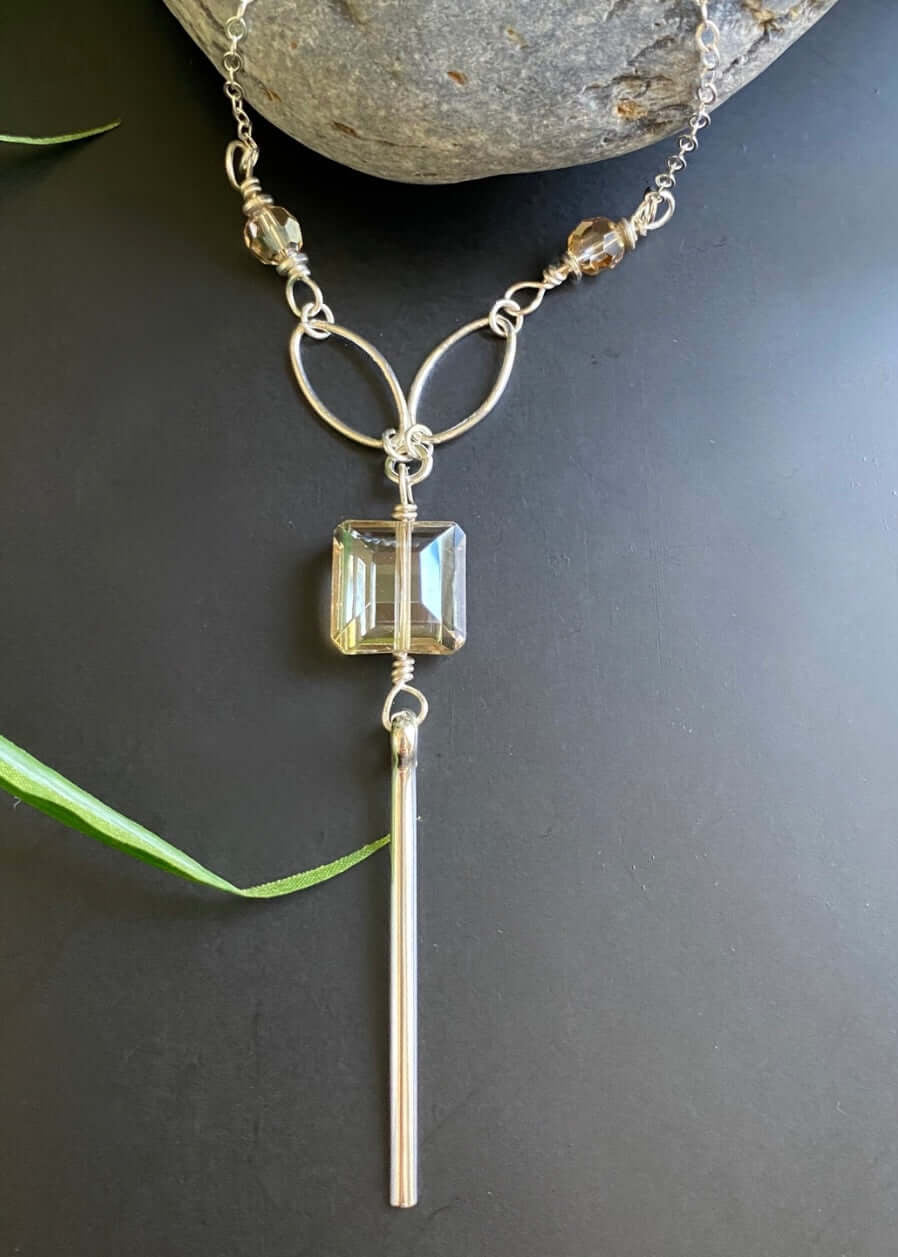Crystal Drop Bar Necklace Silver Chain Made in USA