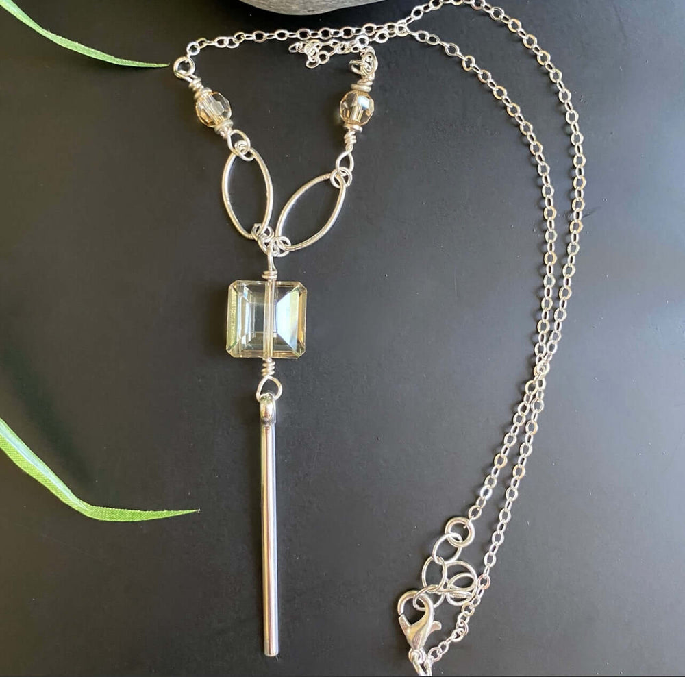 Handmade in USA by Local Artisan Women's Crystal Drop Bar Necklace with Silver Chain Faceted to Pick Up Light in All Directions | Classy Cozy Cool Women's Made in America Boutique