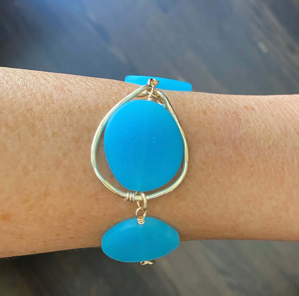 Hand Made in USA Women's Local Artisan Aqua Blue Frosted Glass Bracelet With Hand Forged Hammered Detail | Classy Cozy Cool Women's Made in America Boutique