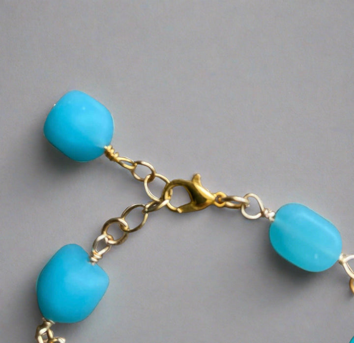 Hand Made in USA Women's Local Artisan Aqua Blue Frosted Glass Bracelet With Hand Forged Hammered Detail | Classy Cozy Cool Women's Made in America Boutique