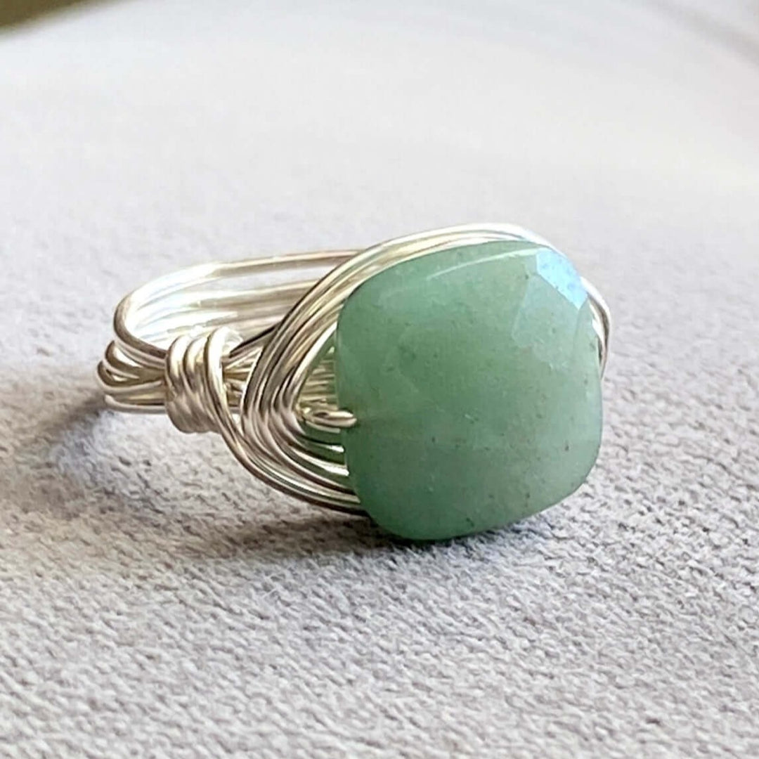 Hand Made in USA Women's Aventurine Green Natural Stone Silver Wire Wrap Ring Crafted by Local Artisan | Classy Cozy Cool Women's Made in America Boutique