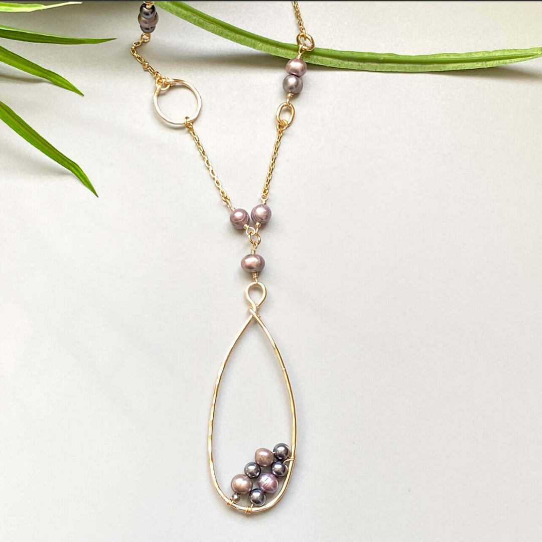 Hand Made in USA Women's Long Gold & Peacock Pearl with Teardrop Hoop Pendant Necklace made by Local Artisan | Classy Cozy Cool Women's Made in America Boutique