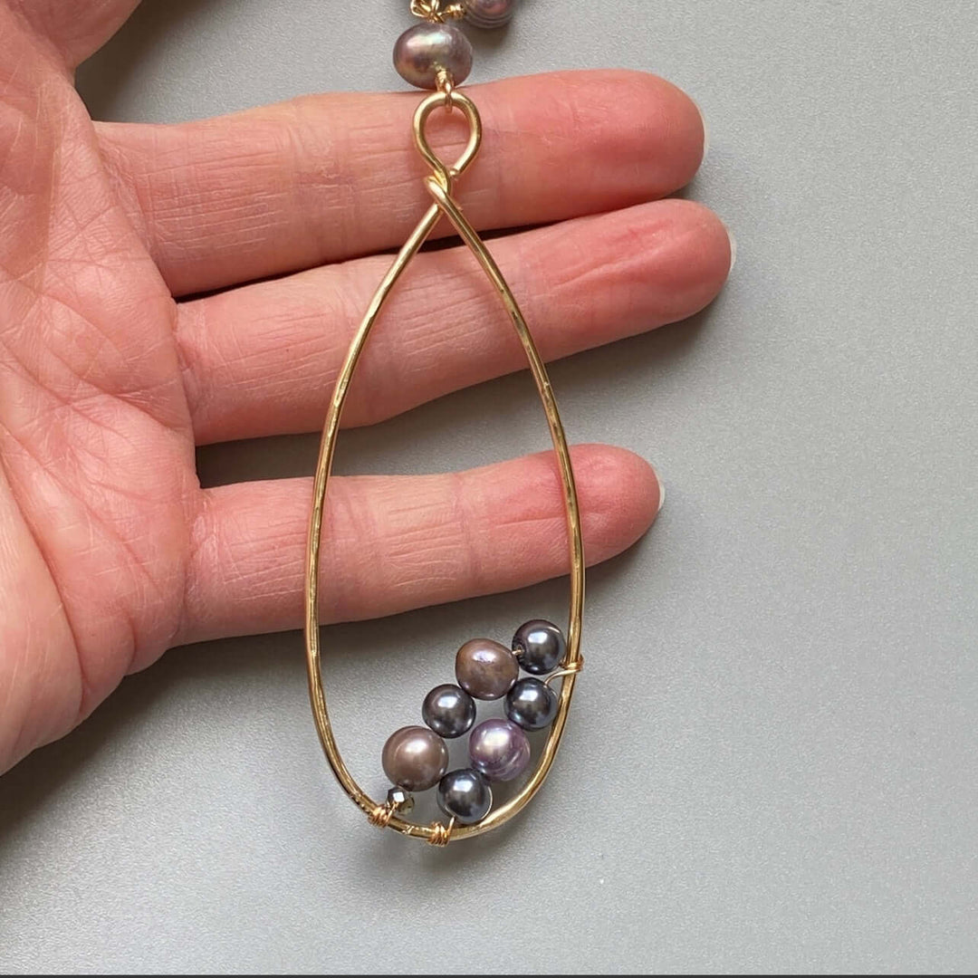 Hand Made in USA Women's Long Gold & Peacock Pearl with Teardrop Hoop Pendant Necklace made by Local Artisan | Classy Cozy Cool Women's Made in America Boutique