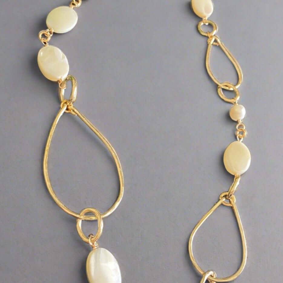 Hand Made in USA Women's Mother of Pearl Long Drop Necklace Gold Hammered Hoops made by Local Artisan | Classy Cozy Cool Women's Made in America Boutique