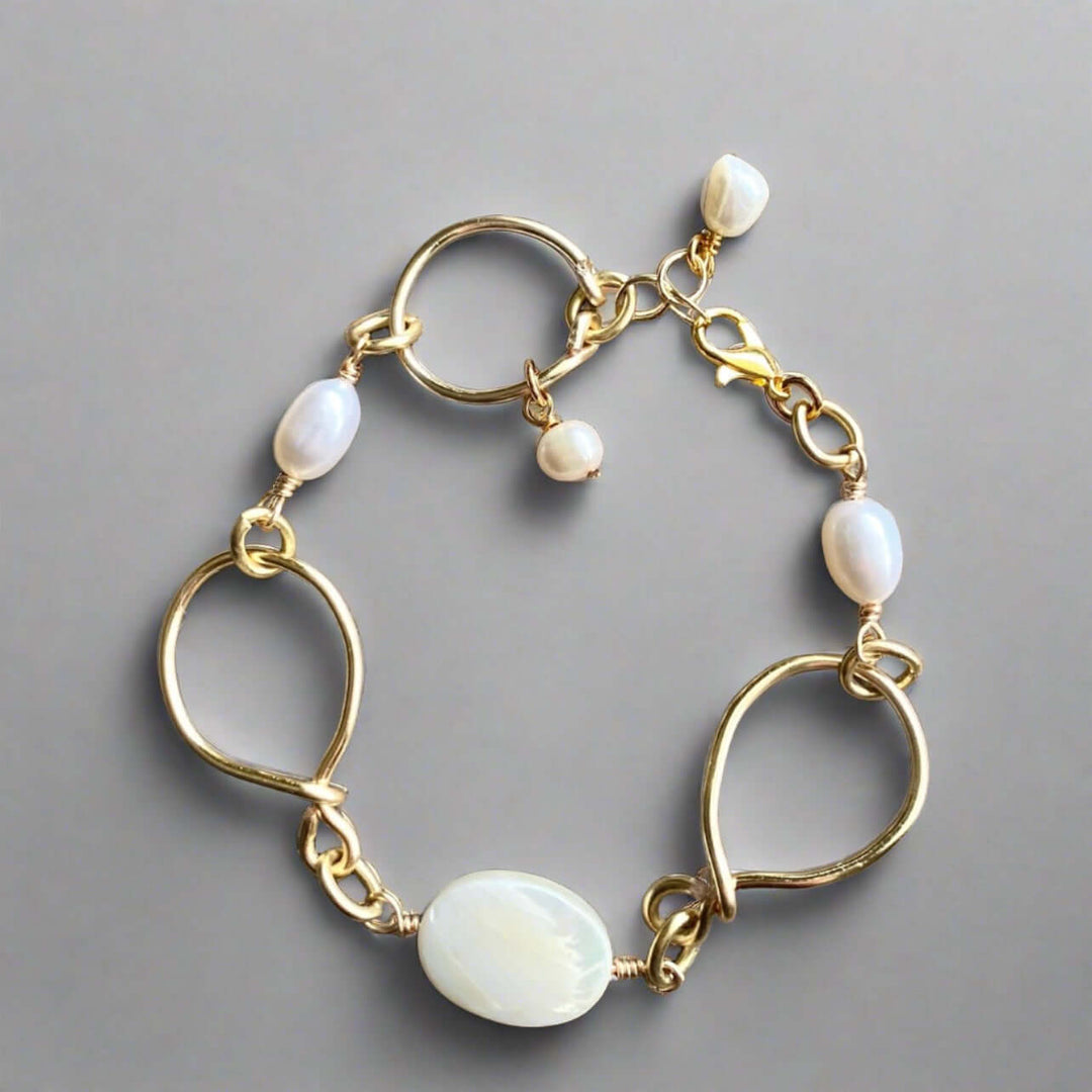 Hand Made in USA Women's Mother of Pearl and Freshwater Pearls Eternity Bracelet Made by Local Artisan | Classy Cozy Cool Women's Made in America Boutique