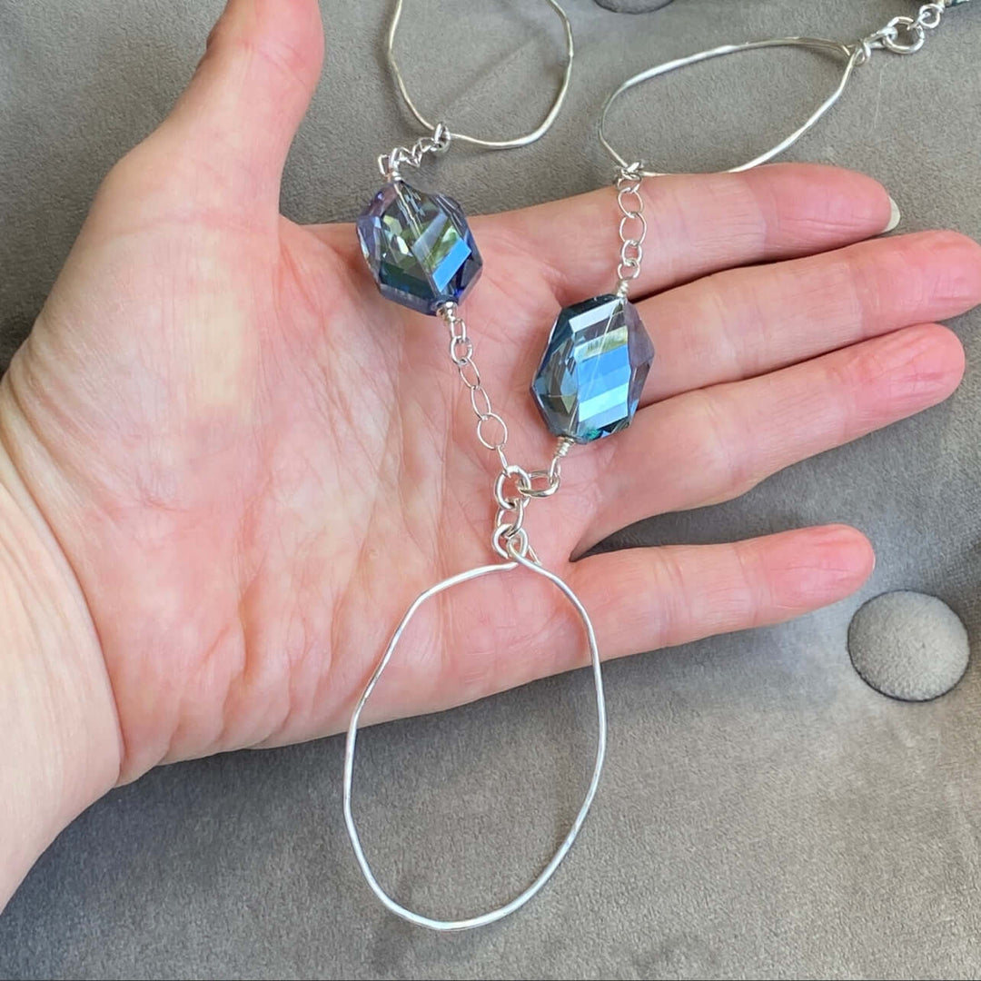 Hand Made in USA Women's Silver Hand Forged Hoop Necklace with Blue Crystals Silver Chain | Classy Cozy Cool Women's Made in America Boutique