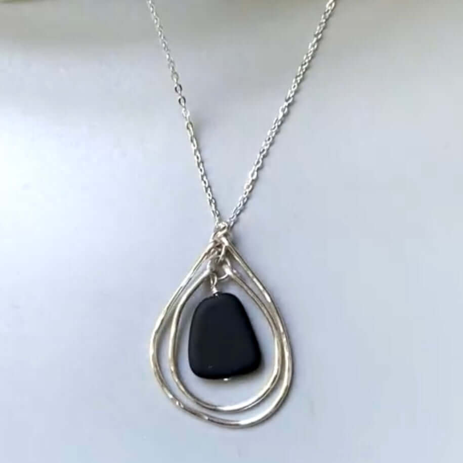 Handmade in USA Women's Multi Layer Hammered Frosted Black Glass Pendant with Silver Chain | Classy Cozy Cool Women's Made in America Boutique