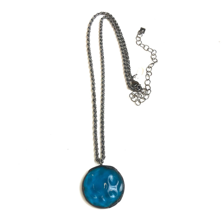 Rare green &amp; blue mosaic triangle Lucite pendant on a twisted gunmetal chain. Adjustable to 26". Limited edition, handcrafted in the USA.