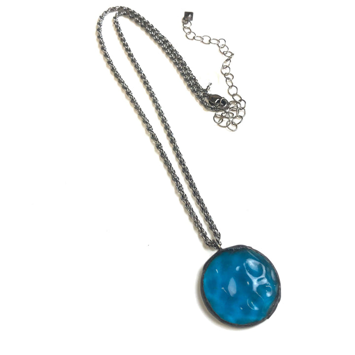 Rare green &amp; blue mosaic triangle Lucite pendant on a twisted gunmetal chain. Adjustable to 26". Limited edition, handcrafted in the USA.