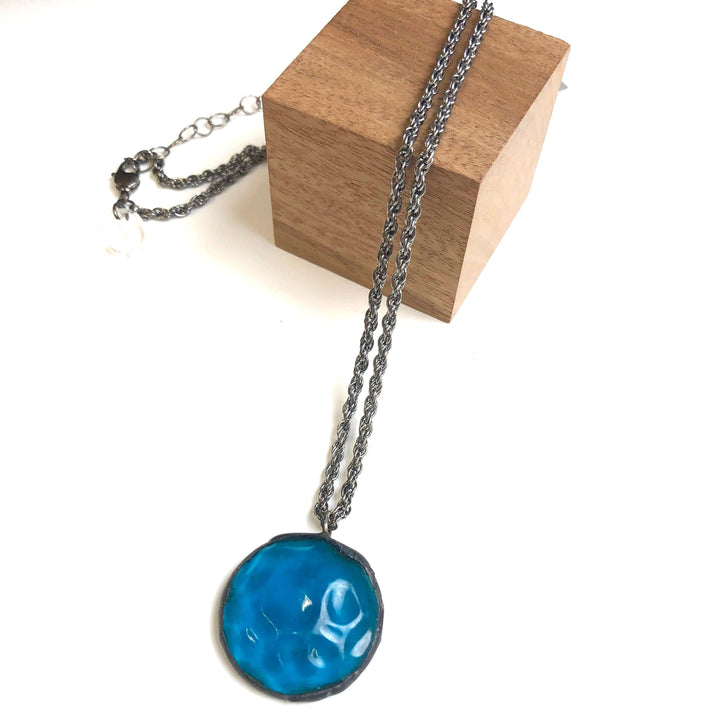 Rare green &amp; blue mosaic triangle Lucite pendant on a twisted gunmetal chain. Adjustable to 26". Limited edition, handcrafted in the USA.