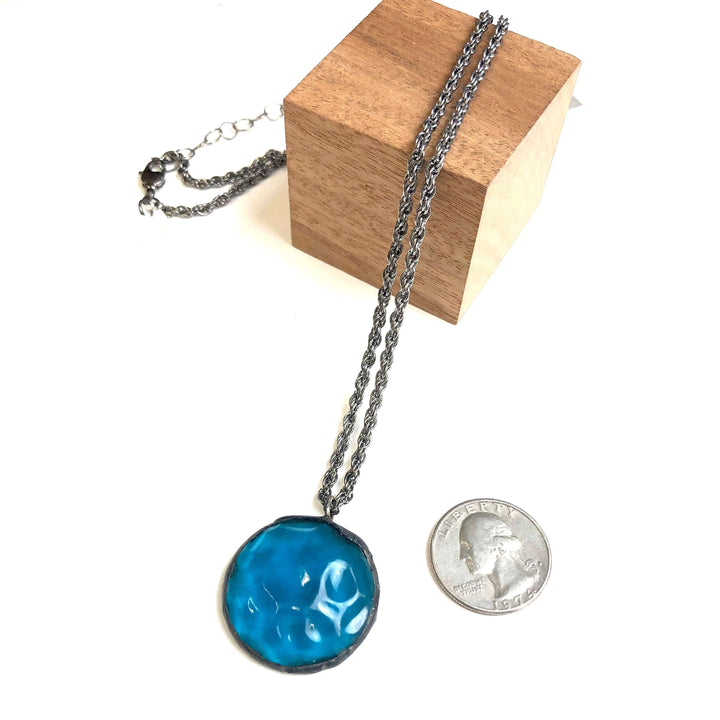 Rare green &amp; blue mosaic triangle Lucite pendant on a twisted gunmetal chain. Adjustable to 26". Limited edition, handcrafted in the USA.
