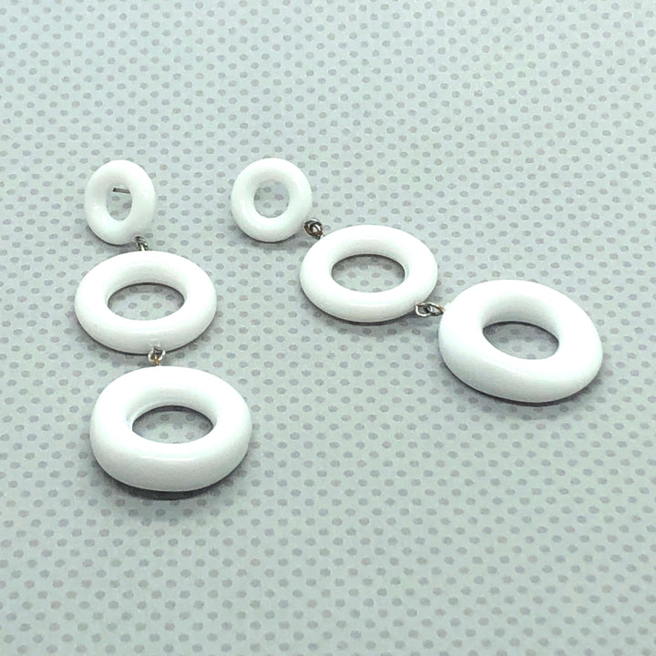 Bold geometric donut dangle earrings, 3.5" long &amp; featherlight. Vintage Rhode Island Lucite, surgical steel posts. Handcrafted in the USA.