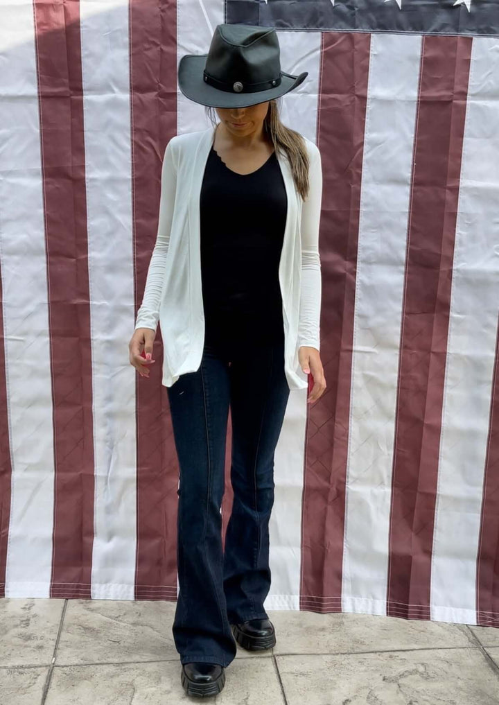 Ladies Off White Lightweight Rayon Jersey Open Front Cardigan | Renee C Style# 10079JK | Made in USA | Classy Cozy Cool Women's Made in America Clothing Boutique