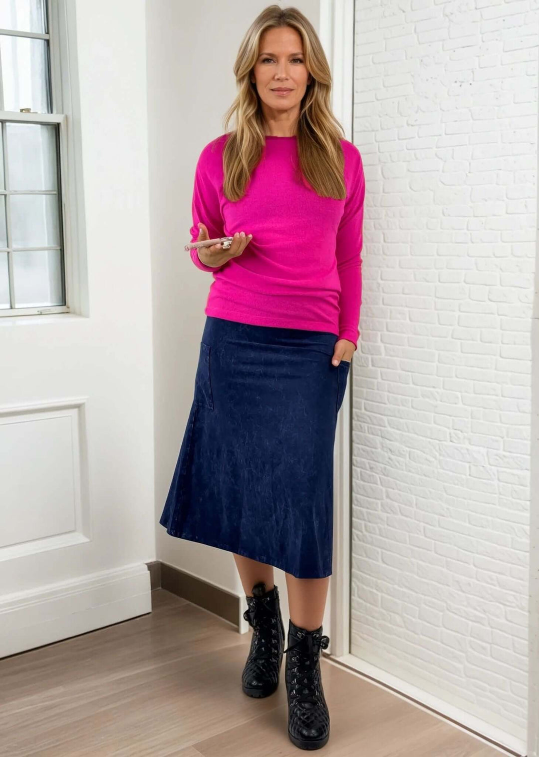 Made in USA Women's All Season Versatile Mineral Washed Cotton Stretch Midi Skirt, Side Patch Pockets, High Waist, Comfortable & Soft 4 Way stretch in Dark Denim | Classy Cozy Cool Made in America Boutique