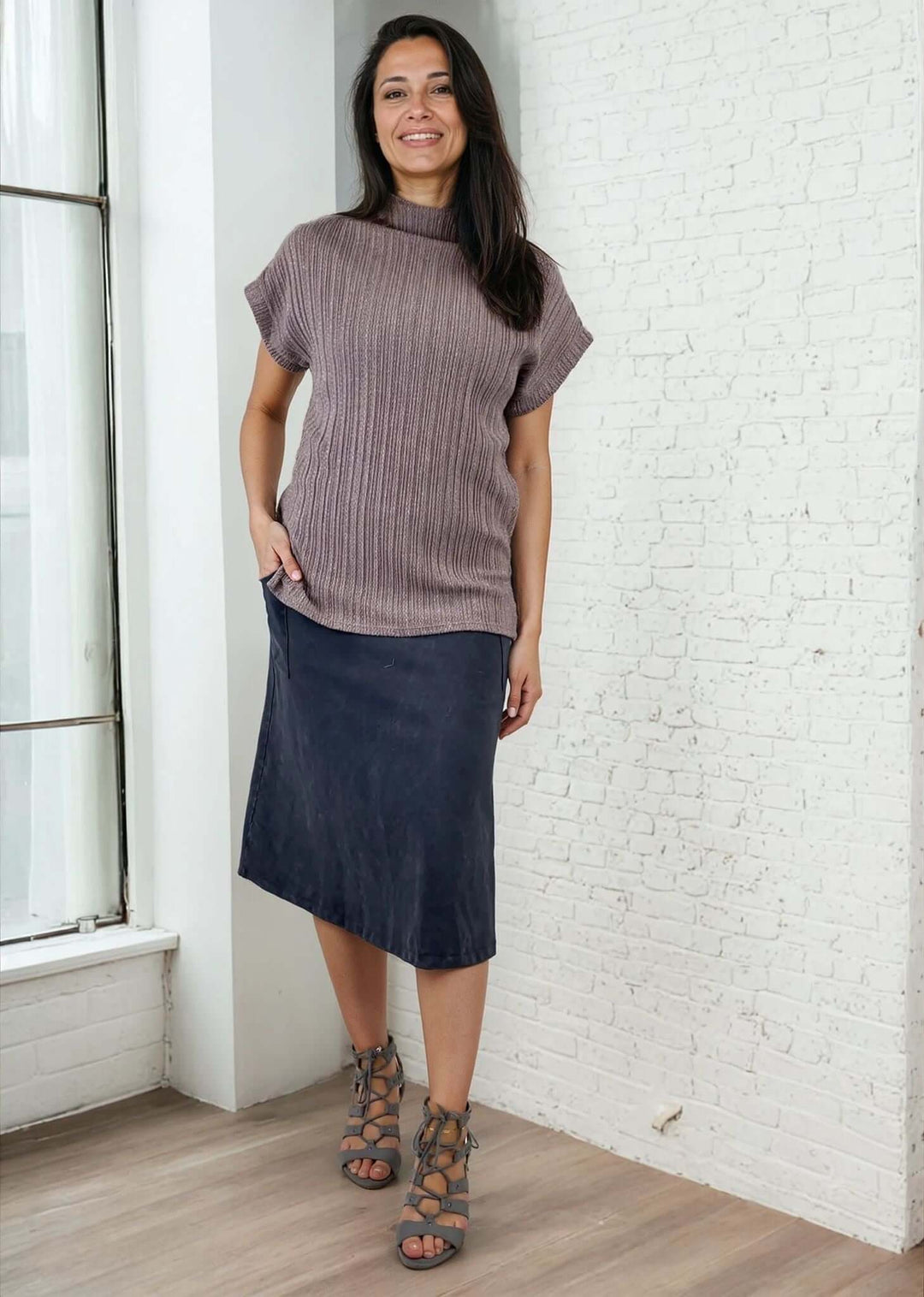 Made in USA Women's All Season Versatile Mineral Washed Cotton Stretch Midi Skirt, Side Patch Pockets, High Waist, Comfortable & Soft 4 Way stretch in Dark Gray Blue Denim | Classy Cozy Cool Made in America Boutique