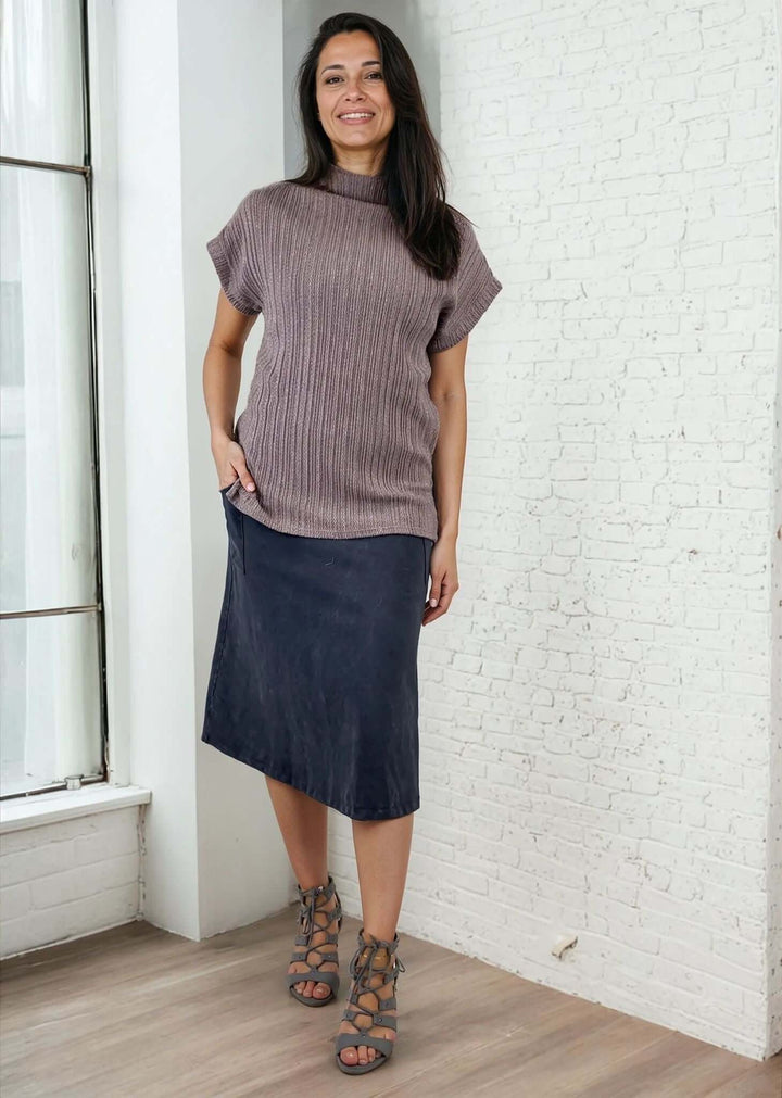 Made in USA Women's All Season Versatile Mineral Washed Cotton Stretch Midi Skirt, Side Patch Pockets, High Waist, Comfortable & Soft 4 Way stretch in Dark Gray Blue Denim | Classy Cozy Cool Made in America Boutique