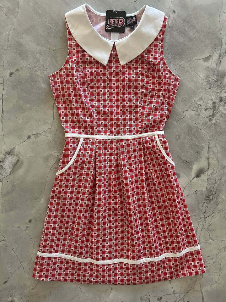 Made in USA, A women's vintage style piece with fun, modern details; our midi dress is now available in our Strawberry print. Made from 100% cotton