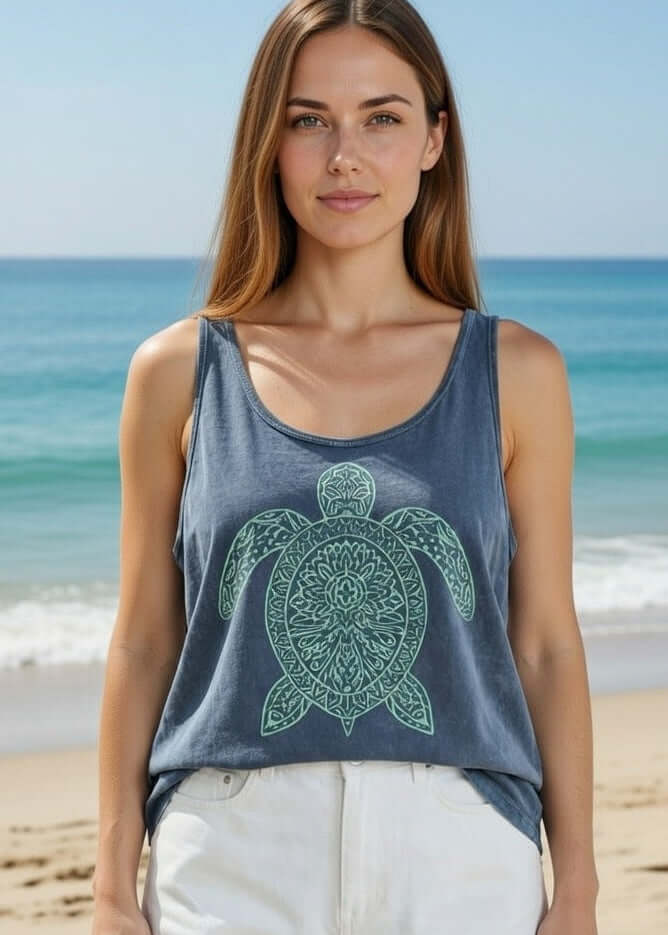 Made in USA Women's Mint Green Sea Turtle Graphic on Sustainable Durable Premium America-made Cotton Dark Grey Blue Denim Tank Top, Mineral Washed Vintage Look | Classy Cozy Cool Made in USA Boutique