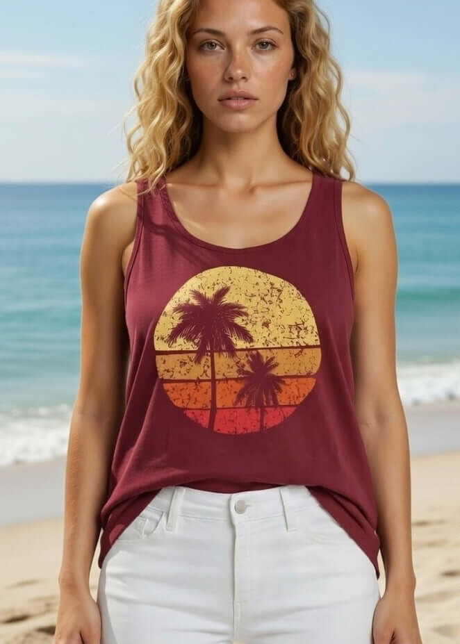 Made in USA Women's Sunset Palm Tree Graphic on Sustainable Durable Premium America-made Cotton Tank Top in Burnt Red Clay, Mineral Washed Vintage Look | Classy Cozy Cool Made in USA Boutique