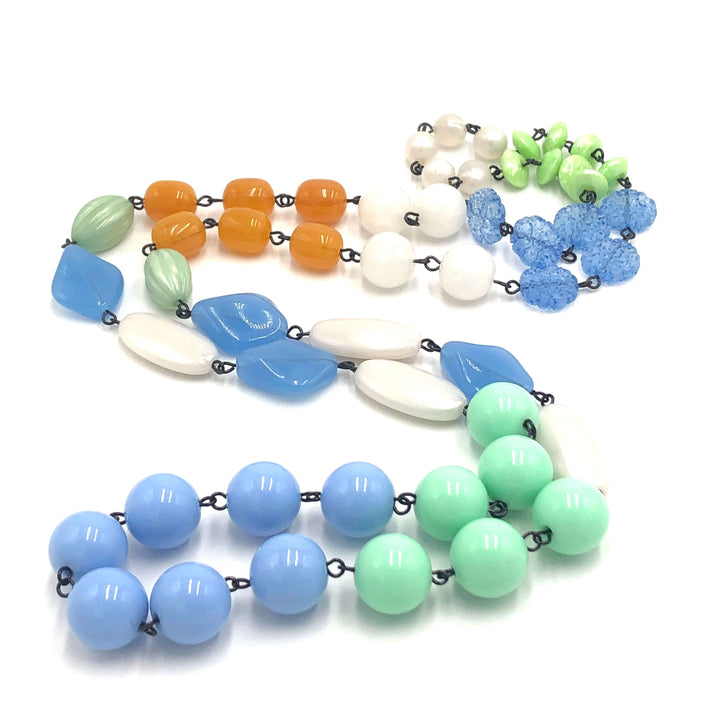 44" bohemian rope necklace in pastel blue, mint &amp; gold vintage Lucite beads. Wear long or doubled. Every bead vintage, handcrafted in USA.