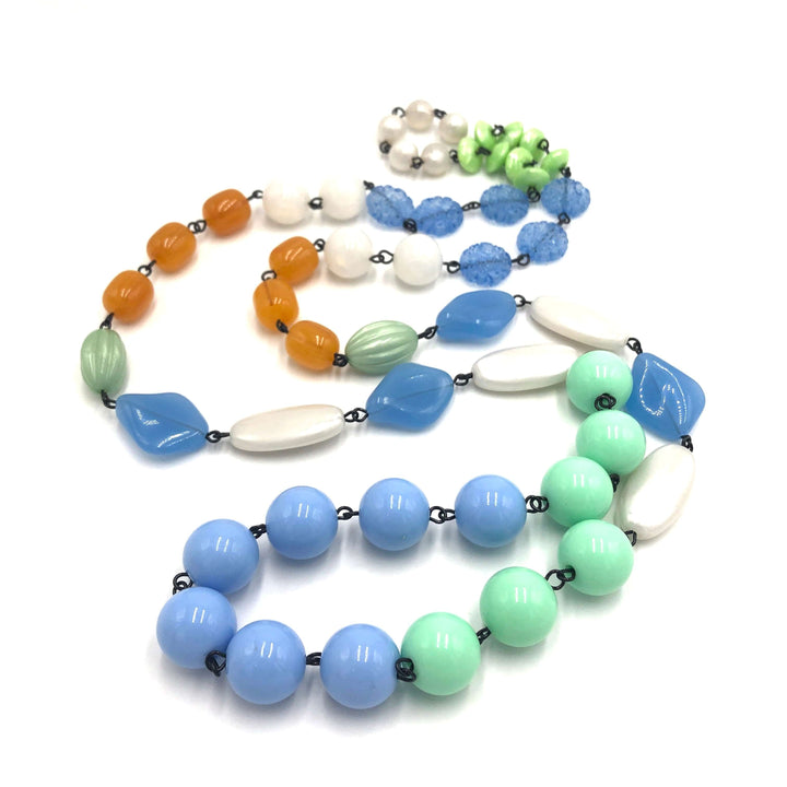 44" bohemian rope necklace in pastel blue, mint &amp; gold vintage Lucite beads. Wear long or doubled. Every bead vintage, handcrafted in USA.
