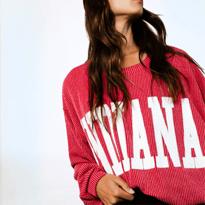 Made in USA Textured "INDIANA" Graphic Oversized Game Day Textured Ribbed Sweatshirt with Crew Neck and Long Sleeves  | Bucket List Style T1770