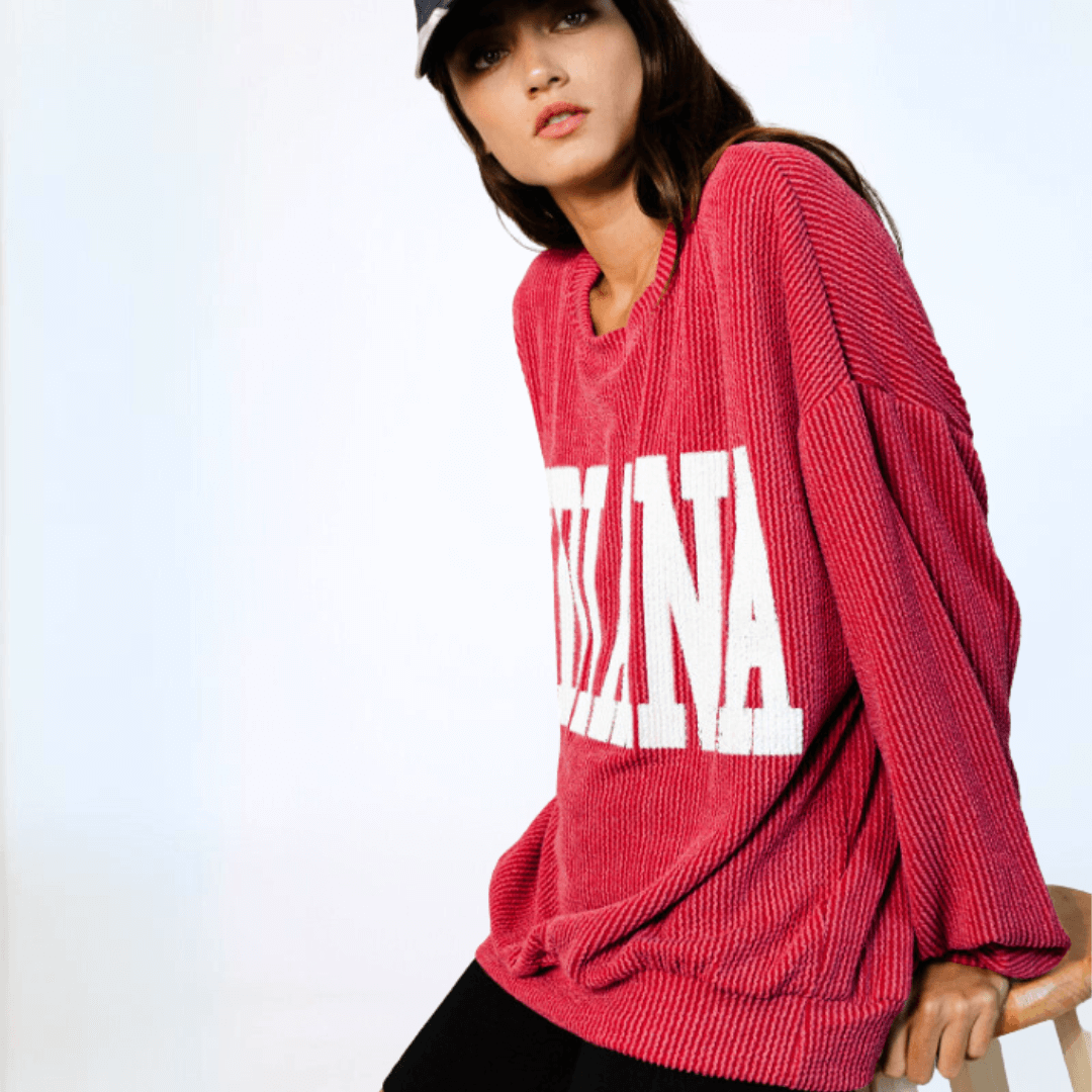 Made in USA Textured "INDIANA" Graphic Oversized Game Day Textured Ribbed Sweatshirt with Crew Neck and Long Sleeves  | Bucket List Style T1770