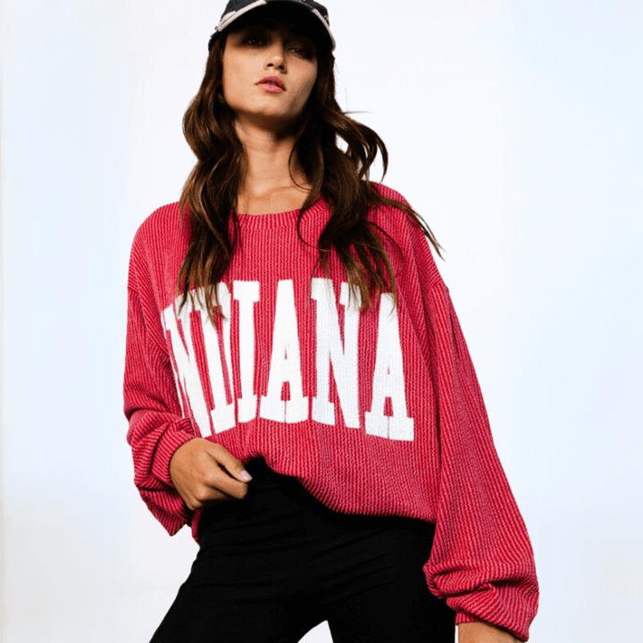 Made in USA Textured "INDIANA" Graphic Oversized Game Day Textured Ribbed Sweatshirt with Crew Neck and Long Sleeves  | Bucket List Style T1770