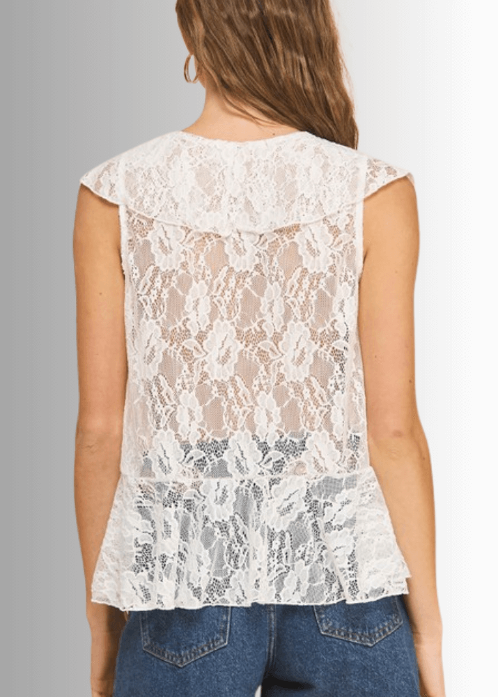 Made in USA  Women's White Lace Sleeveless V-Neck Tie Front Cardigan Vest | If She Loves Style ISK1385 | Classy Cozy Cool Made in America Boutique