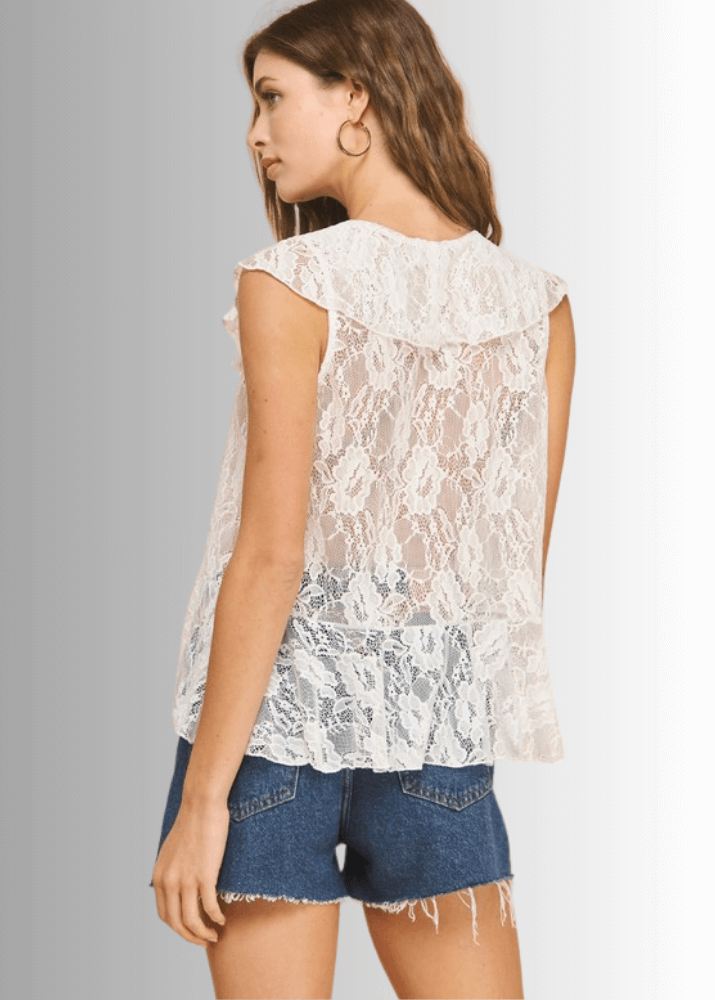 Made in USA  Women's White Lace Sleeveless V-Neck Tie Front Cardigan Vest | If She Loves Style ISK1385 | Classy Cozy Cool Made in America Boutique
