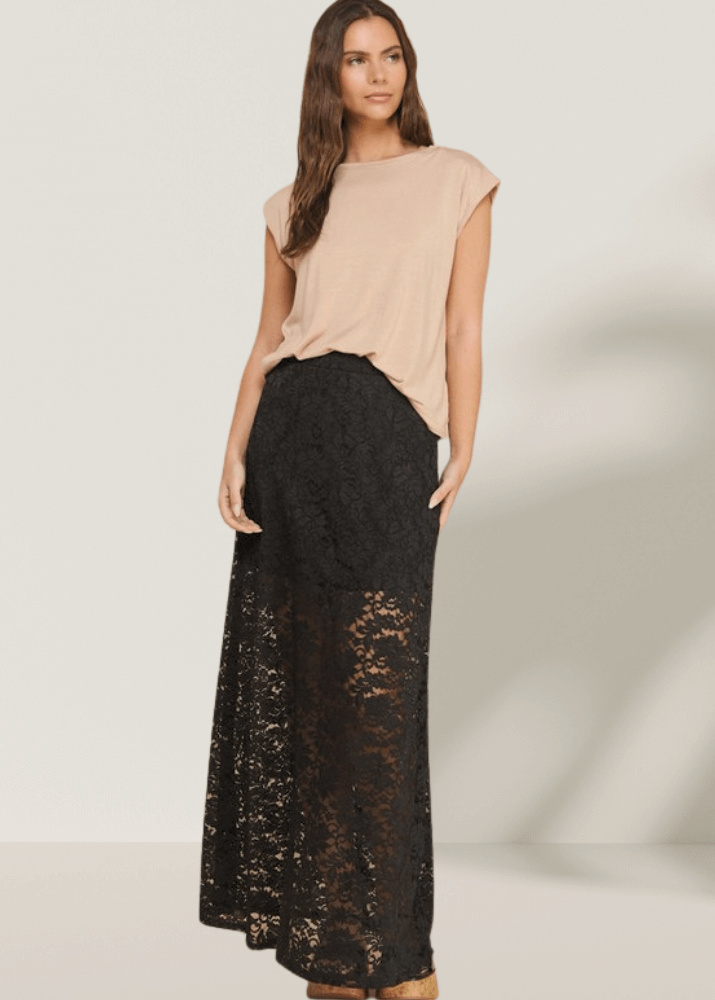Made in USA Women's Yellowstone Lace Maxi Skirt in Black with Elastic Waist, Mini Length Liner | If She Loves Style ISK1385
