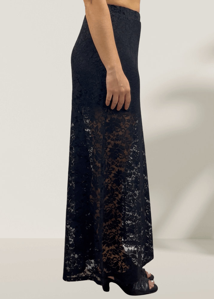 Made in USA Women's Yellowstone Lace Maxi Skirt in Black with Elastic Waist, Mini Length Liner | If She Loves Style ISK1385