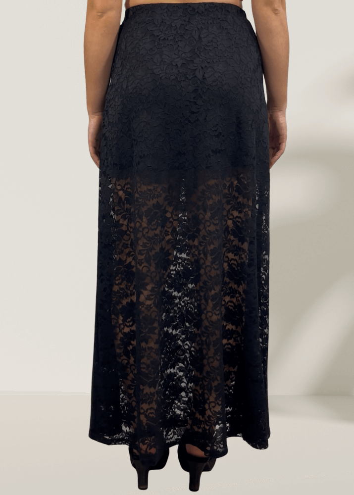 Made in USA Women's Yellowstone Lace Maxi Skirt in Black with Elastic Waist, Mini Length Liner | If She Loves Style ISK1385