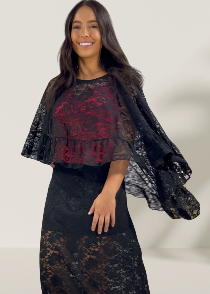 Made in USA Women's Yellowstone Lace Maxi Skirt in Black with Elastic Waist, Mini Length Liner | If She Loves Style ISK1385