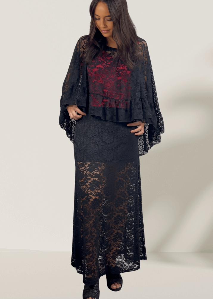 Made in USA Women's Yellowstone Lace Maxi Skirt in Black with Elastic Waist, Mini Length Liner | If She Loves Style ISK1385